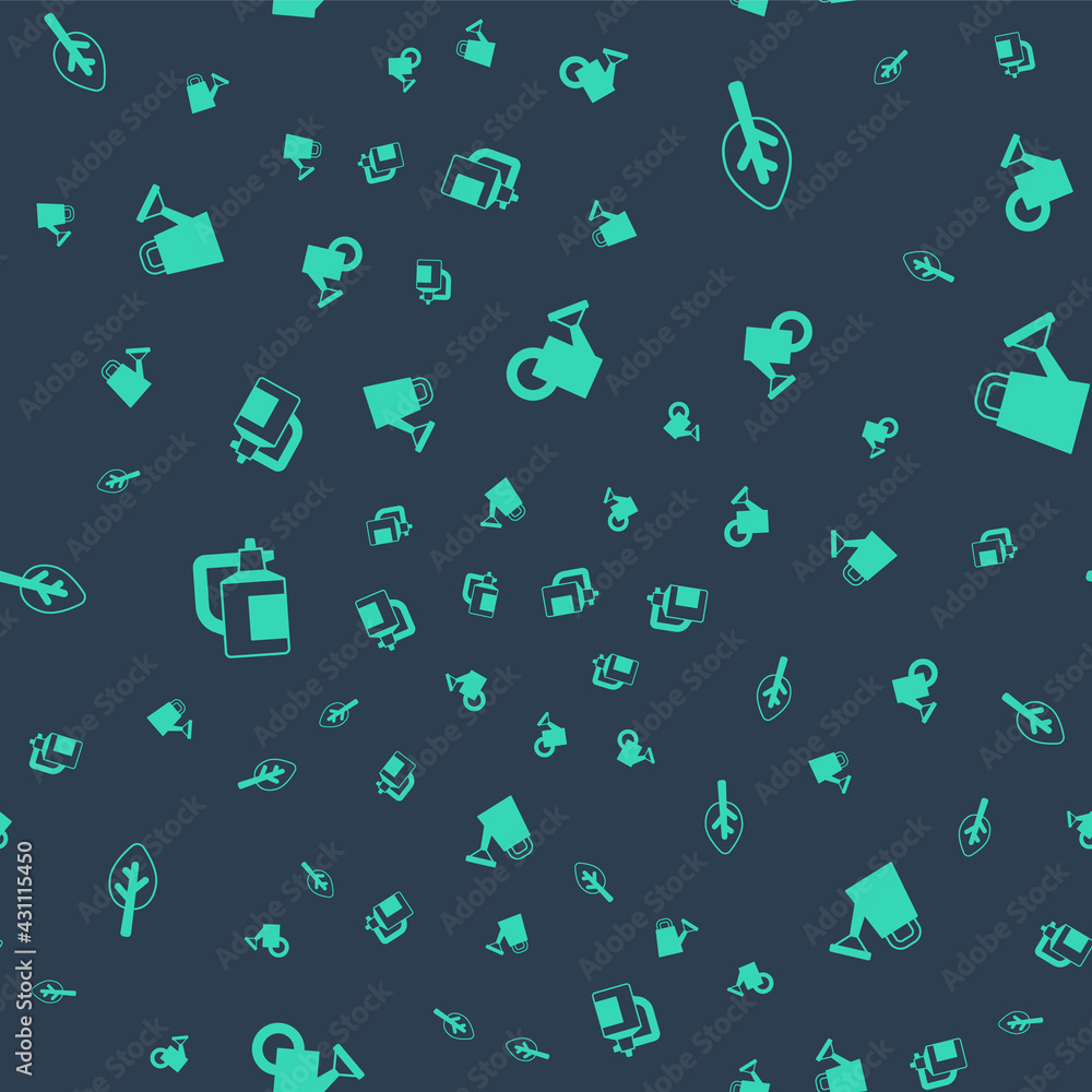 Set Watering can, Forest, Garden sprayer for fertilizer and on seamless pattern. Vector