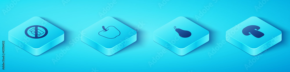 Set Isometric No pack of milk, Apple, Mushroom and Pear icon. Vector