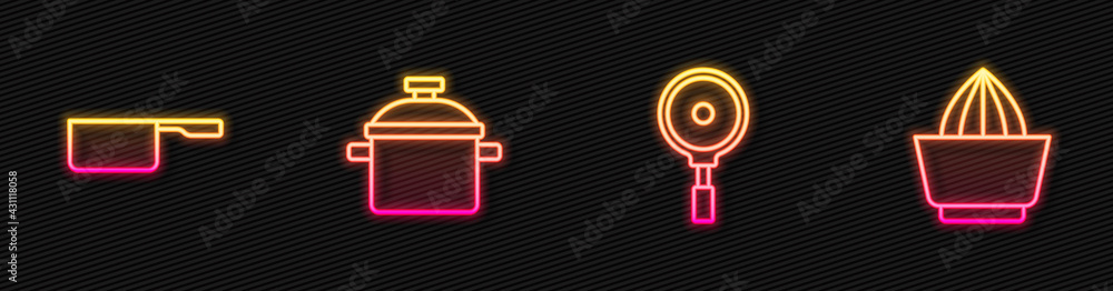 Set line Frying pan, Saucepan, Cooking pot and Citrus fruit juicer. Glowing neon icon. Vector