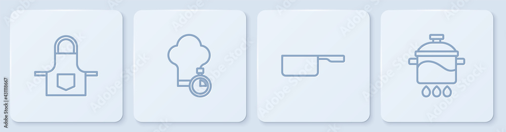 设置线厨房围裙、Saucepan、厨师帽和烹饪锅。白色方形按钮。矢量