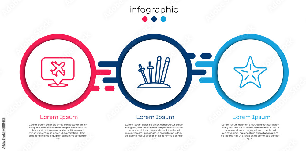 Set line Speech bubble with airplane, Ski and sticks and Starfish. Business infographic template. Ve