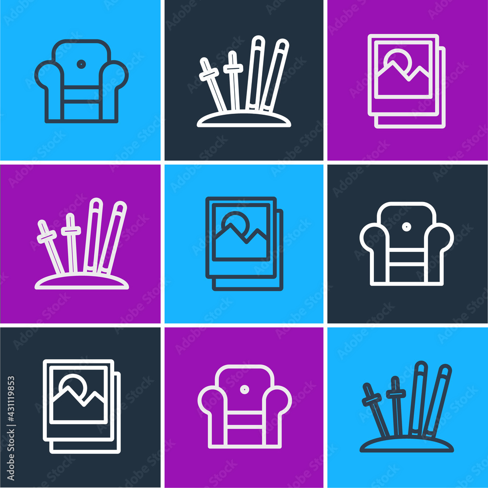 Set line Armchair, Photo and Ski and sticks icon. Vector