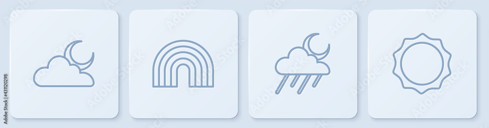 用月亮、雨水、彩虹和太阳设置云线。白色方形按钮。矢量