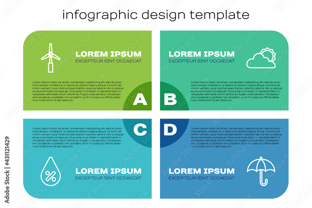 设定线水滴百分比、风力涡轮机、雨伞、阳光和云天气。商业信息图