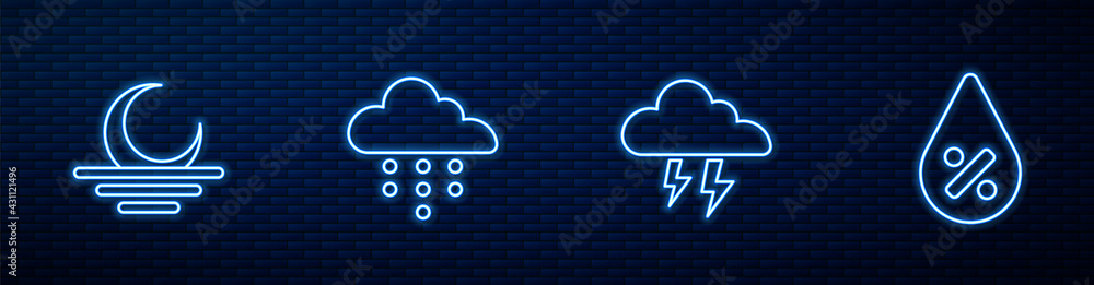 Set line Storm, Sunset, Cloud with rain and Water drop percentage. Glowing neon icon on brick wall. 