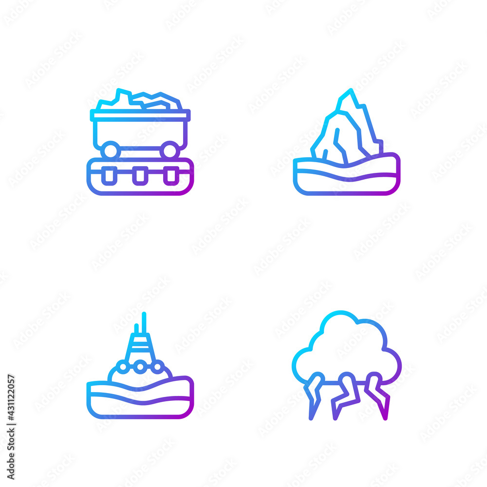 Set line Storm, Floating buoy on the sea, Coal train wagon and Iceberg. Gradient color icons. Vector