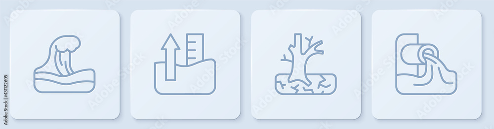 设置海啸、枯树、水位上升和废水。白色方形按钮。矢量