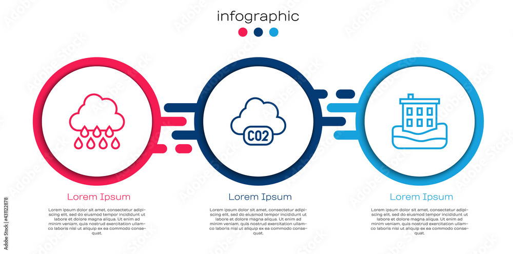 Set line Cloud with rain, CO2 emissions cloud and House flood. Business infographic template. Vector