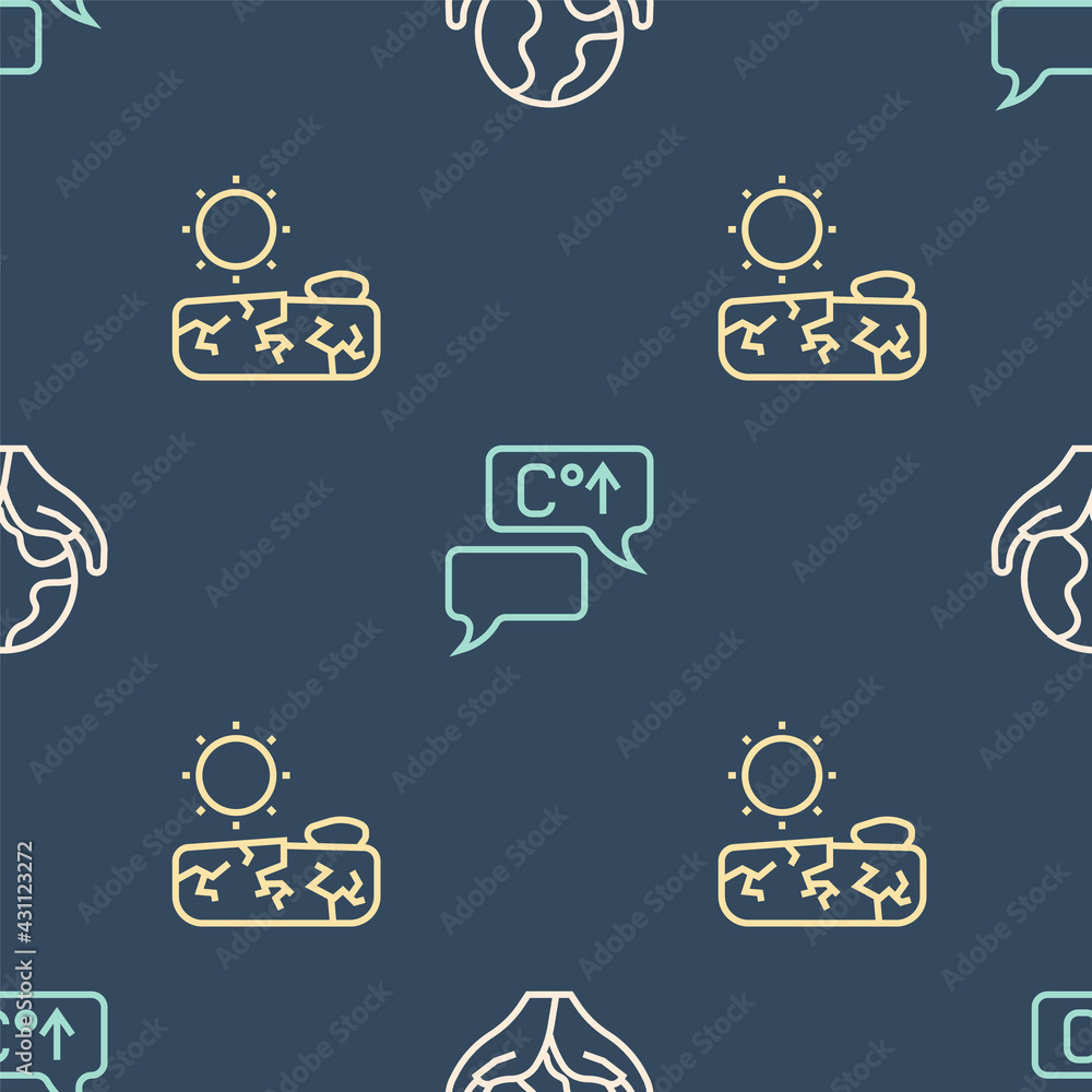 Set line Hand holding Earth globe, Drought and Global warming on seamless pattern. Vector