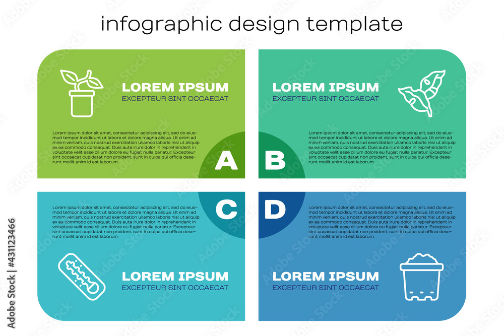 Set line Meteorology thermometer, Plant in pot, Pot with soil and Tropical leaves. Business infograp