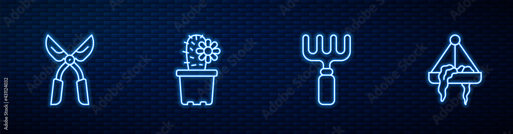 Set line Garden rake, Gardening handmade scissors, Cactus peyote pot and Plant hanging. Glowing neon