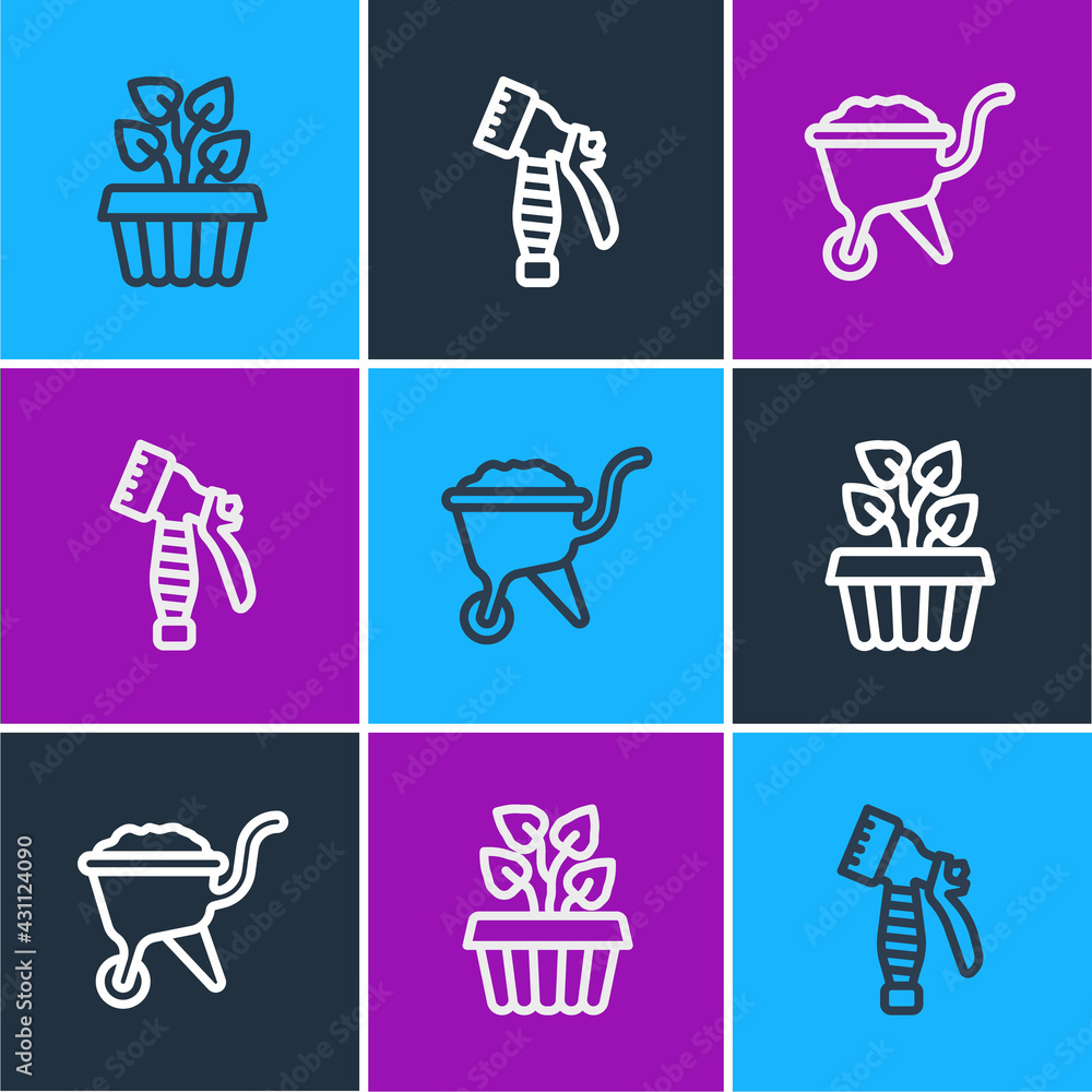 Set line Indoor plant ivy in a pot, Wheelbarrow with dirt and Water spray bottle icon. Vector