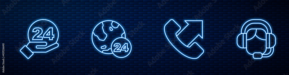 Set line Telephone 24 hours support, , and Woman with a headset. Glowing neon icon on brick wall. Ve