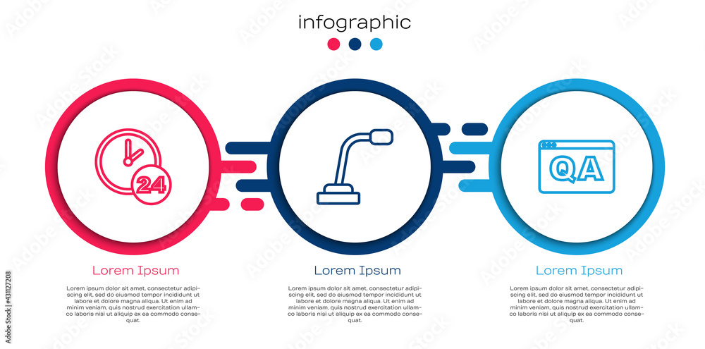 设置线路时钟24小时，麦克风和问答。商业信息图模板。矢量