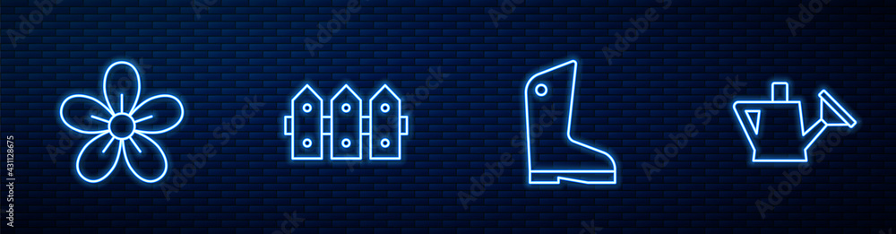 Set line Rubber gloves, Flower, Garden fence wooden and Watering can. Glowing neon icon on brick wal