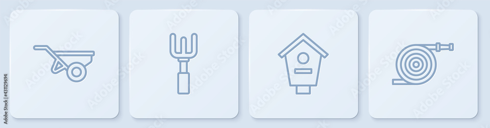 带泥土、鸟舍、花园耙子和软管的专线手推车。白色方形按钮。矢量