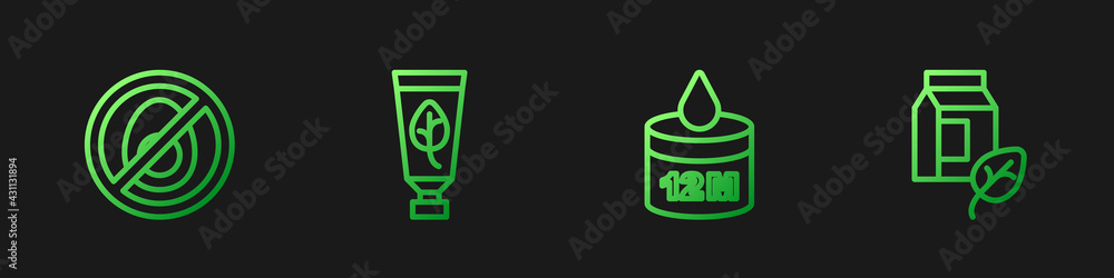 Set line Organic cosmetic, No meat, and Vegan milk. Gradient color icons. Vector