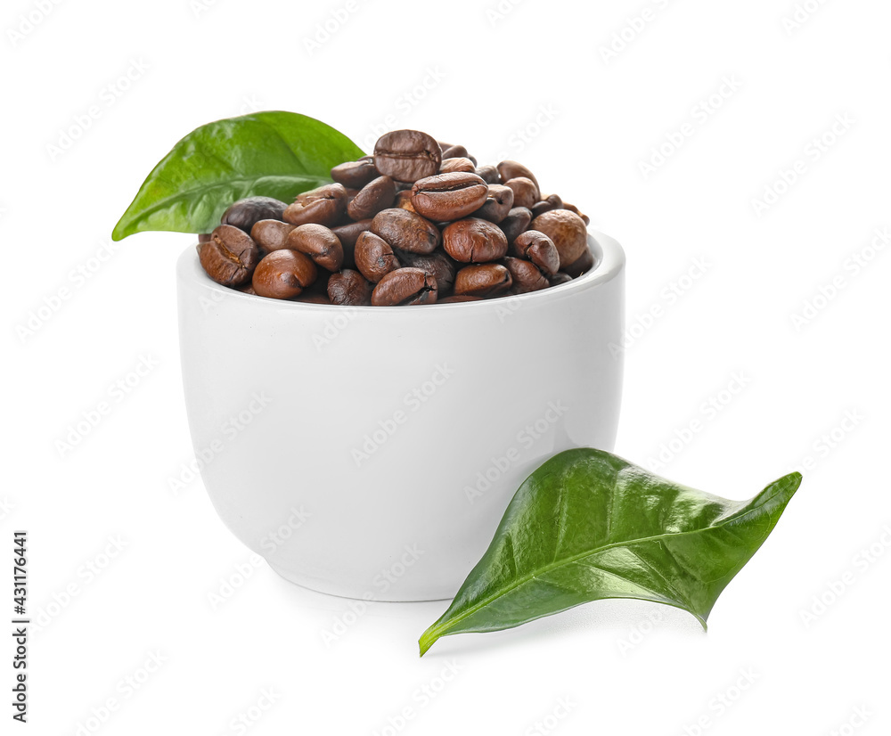 Bowl with coffee beans on white background