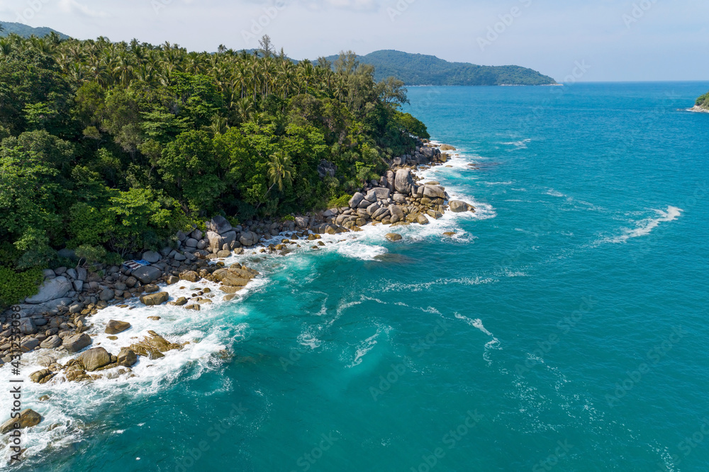 Amazing aerial view of crashing waves on rocks seascape nature view and Beautiful tropical sea with 