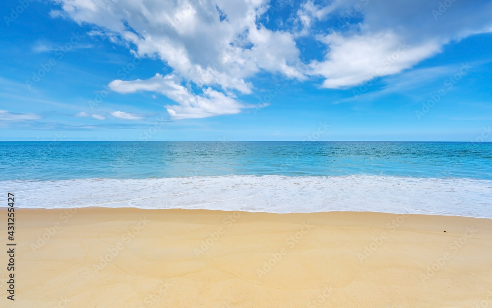 Summer background of Beautiful sandy beach Wave crashing on sandy shore Landscape nature view Romant