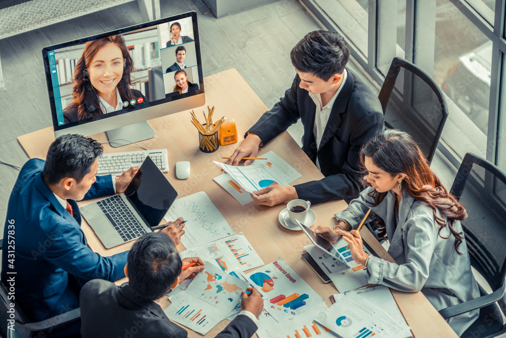 Video call group business people meeting on virtual workplace or remote office. Telework conference 