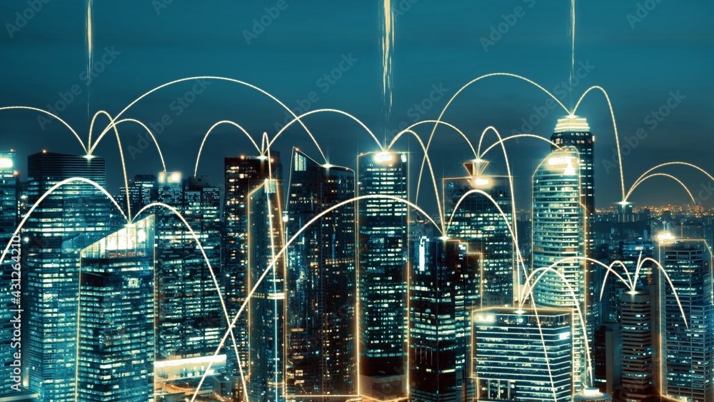 Smart digital city with globalization abstract graphic showing connection network . Concept of futur