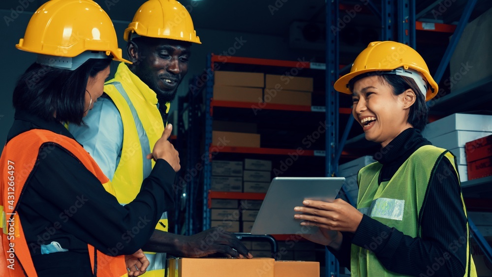 Warehouse worker working together in the storehouse . Logistics , supply chain and warehouse busines