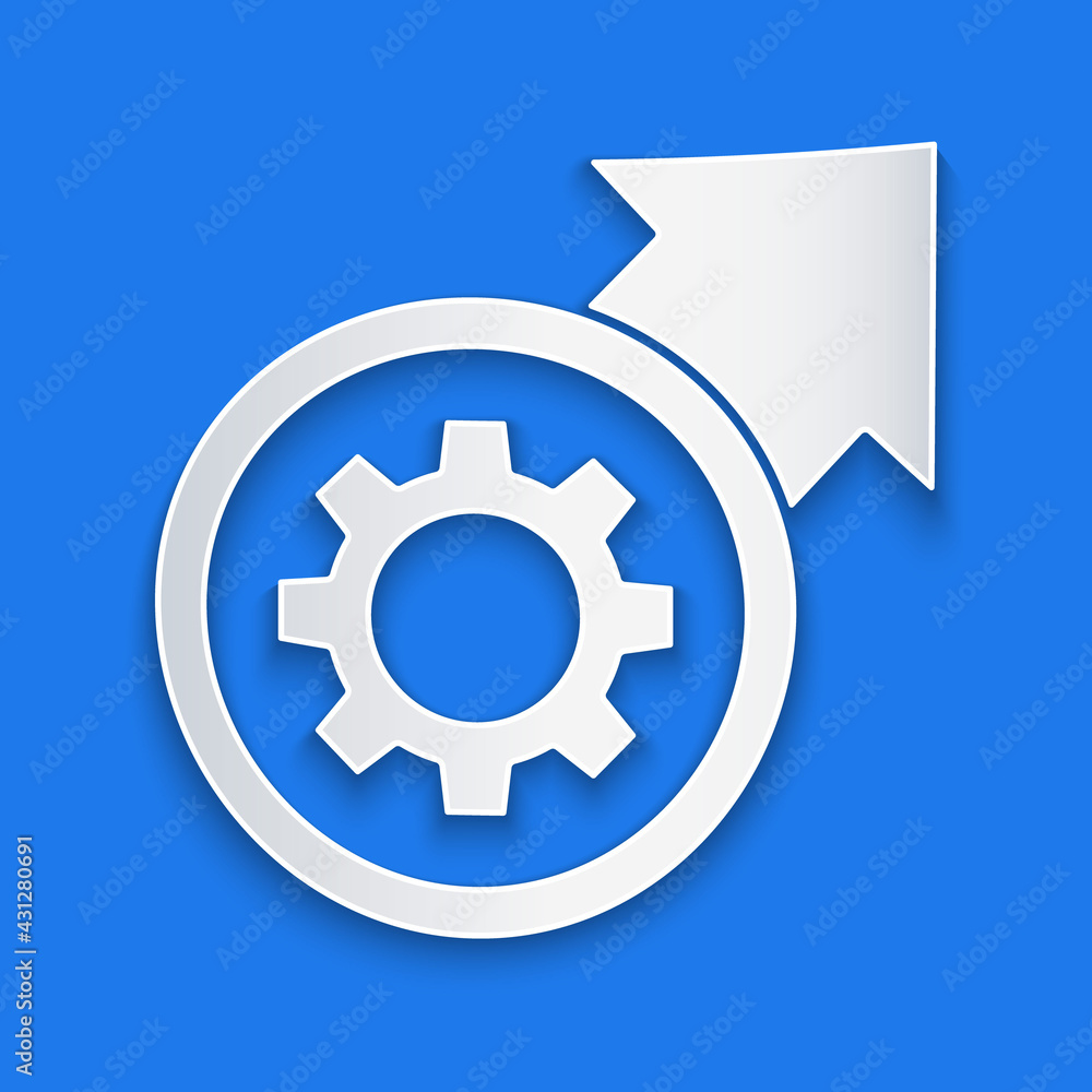 Paper cut Gear and arrows as workflow process concept icon isolated on blue background. Gear reload 