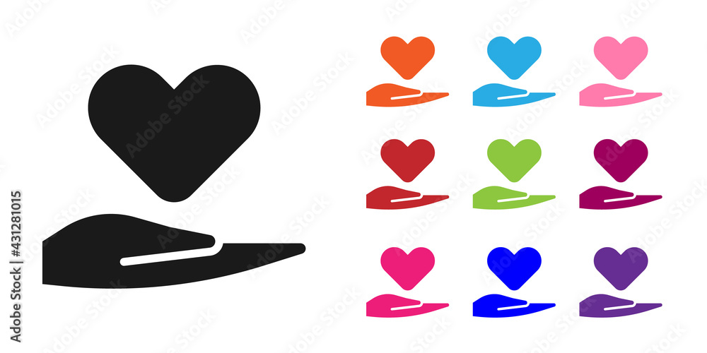 Black Heart on hand icon isolated on white background. Hand giving love symbol. Valentines day symbo