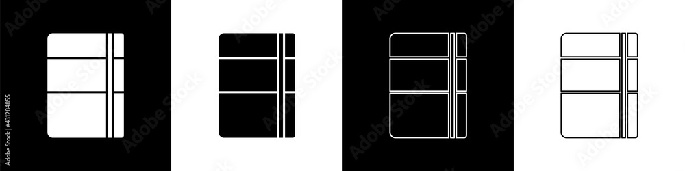 Set Sketchbook or album icon isolated on black and white background. Vector