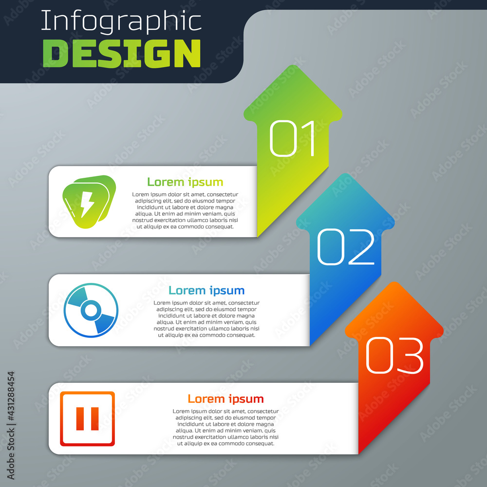 Set Guitar pick, CD or DVD disk and Pause button. Business infographic template. Vector