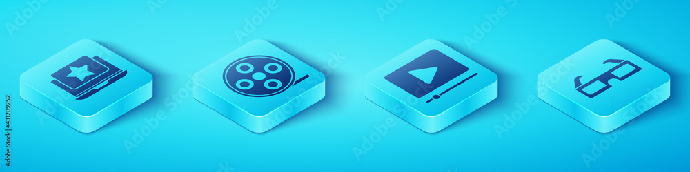 Set Isometric Laptop with star, Film reel, 3D cinema glasses and Online play video icon. Vector