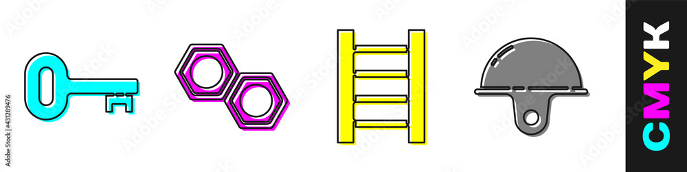 设置旧钥匙、六角金属螺母、木楼梯和工人安全帽图标。矢量