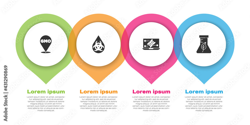 Set GMO, , Genetic engineering modification and Test tube and flask. Business infographic template. 
