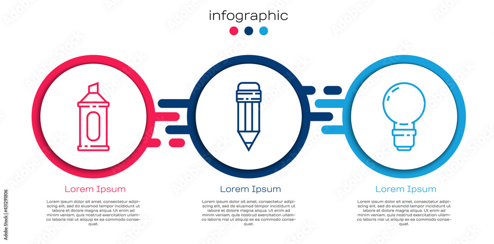 设置线条标记笔、带橡皮擦的铅笔和灯泡。商业信息图模板。矢量