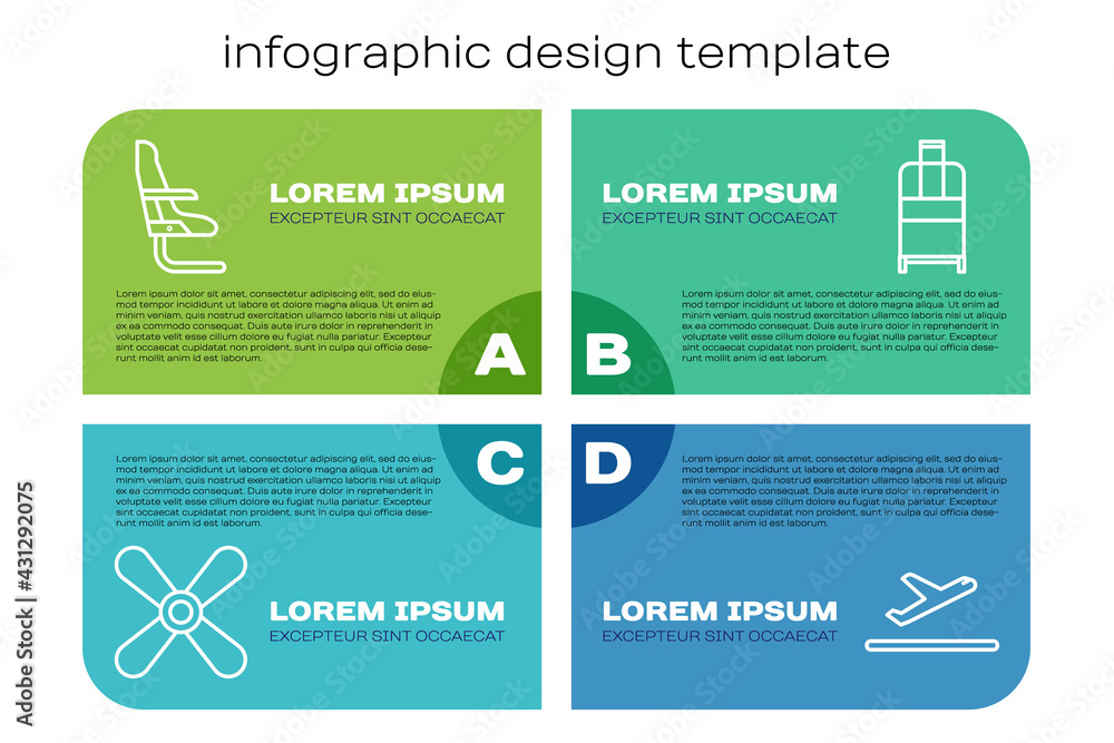 飞机螺旋桨、飞机座椅、飞机起飞和手提箱。商业信息图模板。