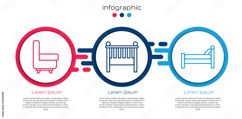 套装扶手椅，婴儿床摇篮床和床。商业信息图模板。矢量