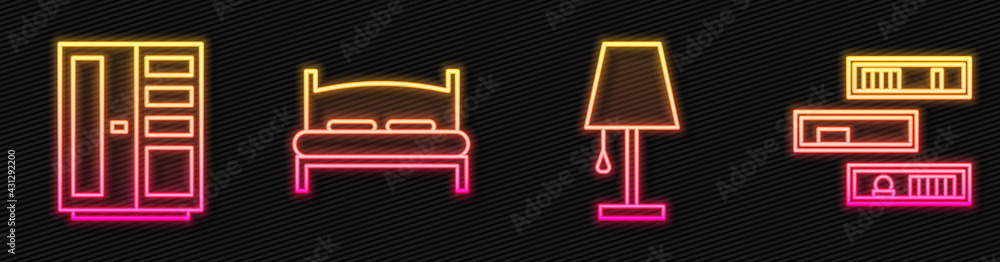 Set line Table lamp, Wardrobe, Big bed and Shelf with books. Glowing neon icon. Vector