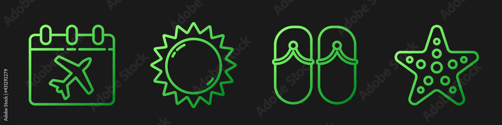 Set line Flip flops, Calendar and airplane, Sun and Starfish. Gradient color icons. Vector