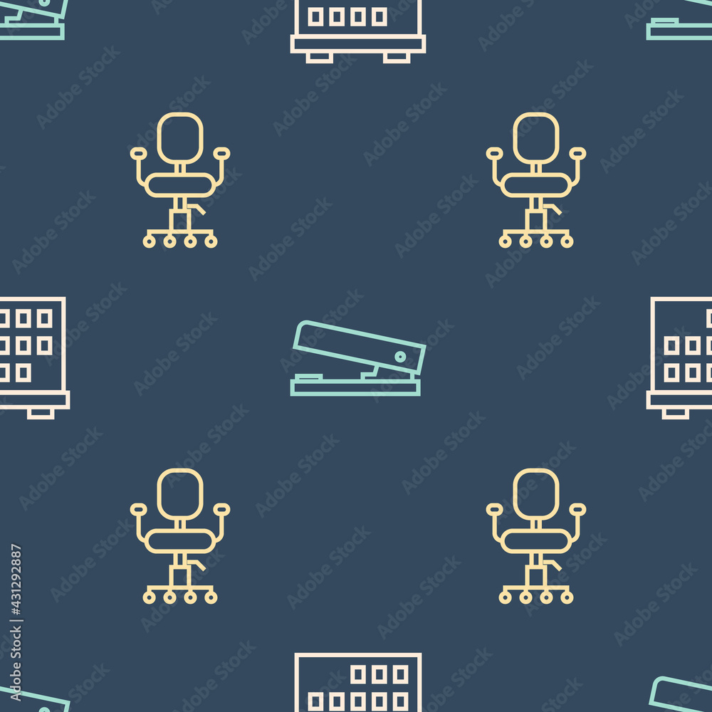 Set line Calendar, Office chair and stapler on seamless pattern. Vector