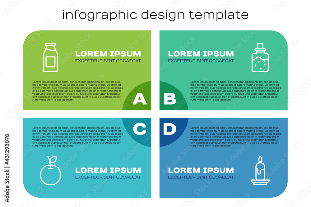 设线苹果、牛奶瓶、燃烧蜡烛和Spa盐。商业信息图模板。矢量