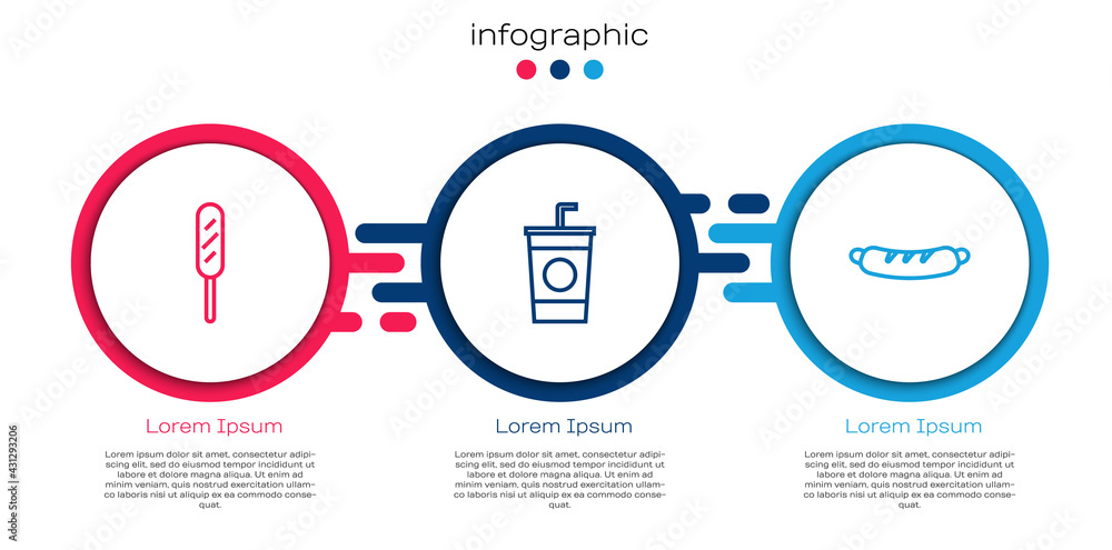 设定线玉米狗，吸管纸玻璃和热狗三明治。商业信息图模板。矢量