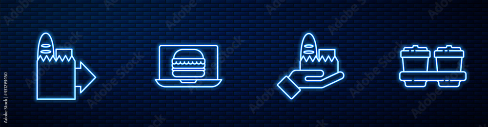 设置在线订购和送货、汉堡和咖啡杯。砖墙上闪闪发光的霓虹灯图标