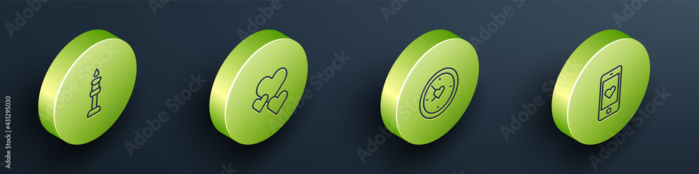 Set Isometric line Burning candle, Heart, Clock with heart and Mobile icon. Vector