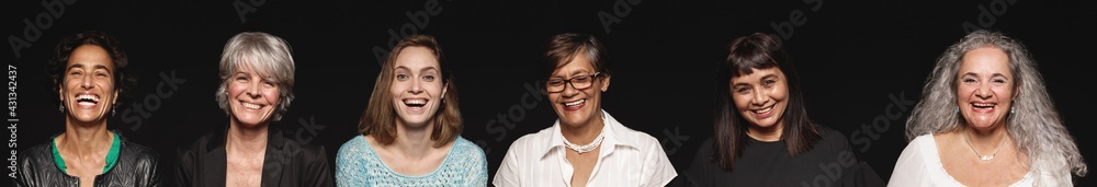 Panoramic shot of cheerful senior women