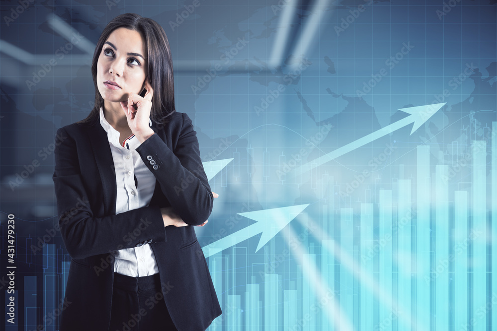 Startup and success goal concept with pensive businesswoman on virtual screen background with graphs