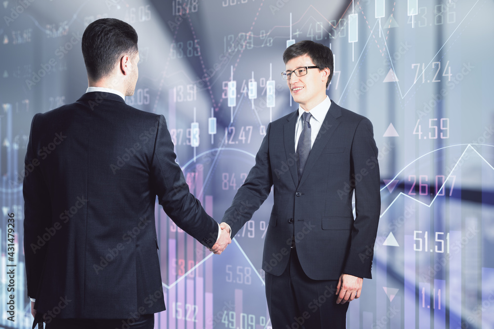 Two businessmen shaking hands in an office corridor, reaching an agreement. Communication and cooper