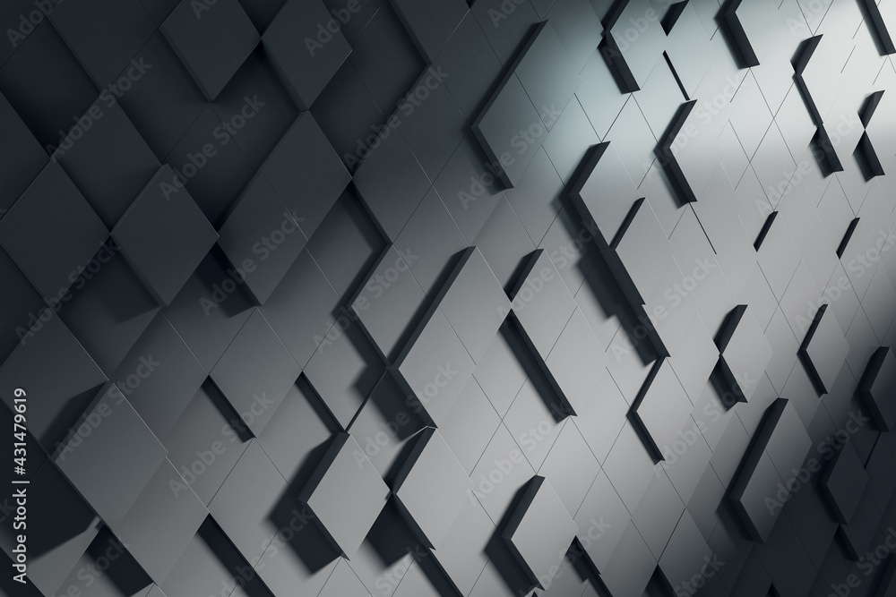 Abstract black square chaotic pattern. Background concept, 3d rendering