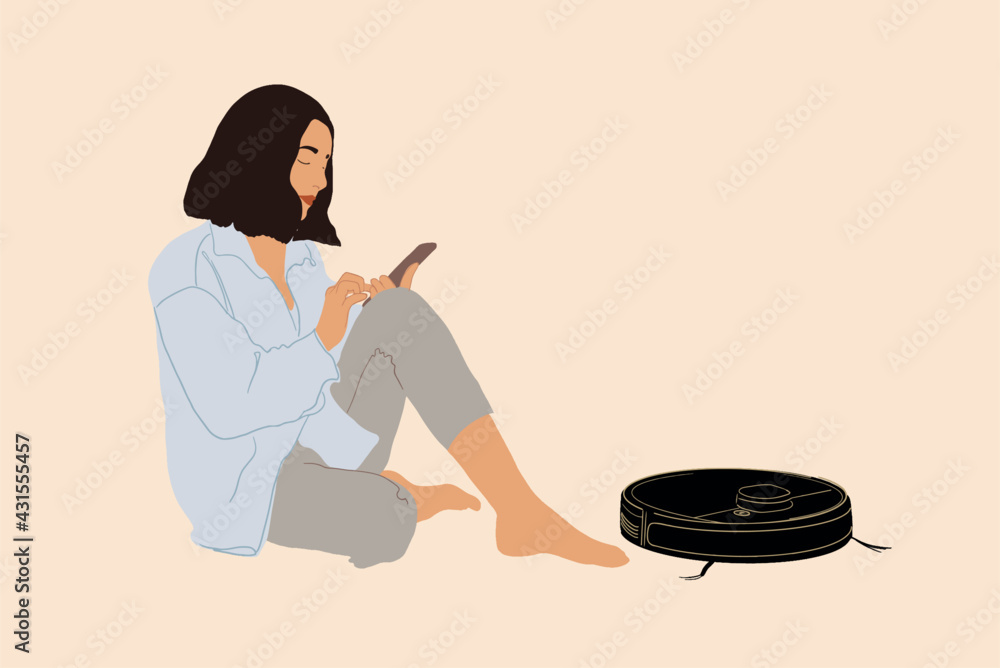 Pretty woman with Smartphone sitting near Black robotic vacuumer. Smart technology concept. Vector i