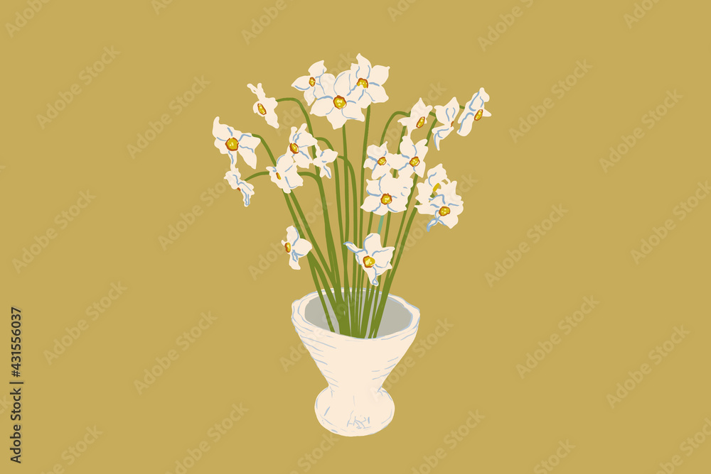 A bouquet of white daffodils in white vase based on kenzan technics. Vector illustration in flat sty